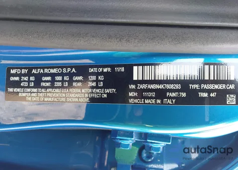 2019 Alfa Romeo Giulia Ti Sport Awd из США, поврежденный, VIN ZARFANBN4K7608293